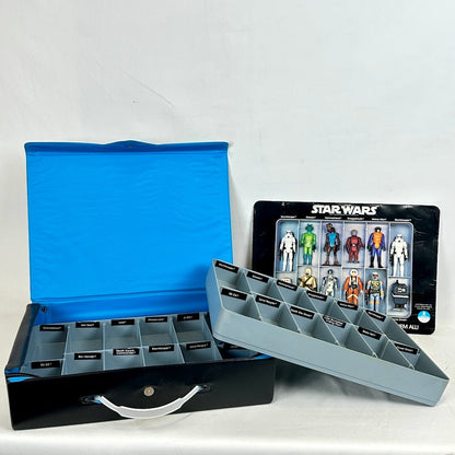 Collection of Star Wars action figures in a display case with a blue lid on a white background