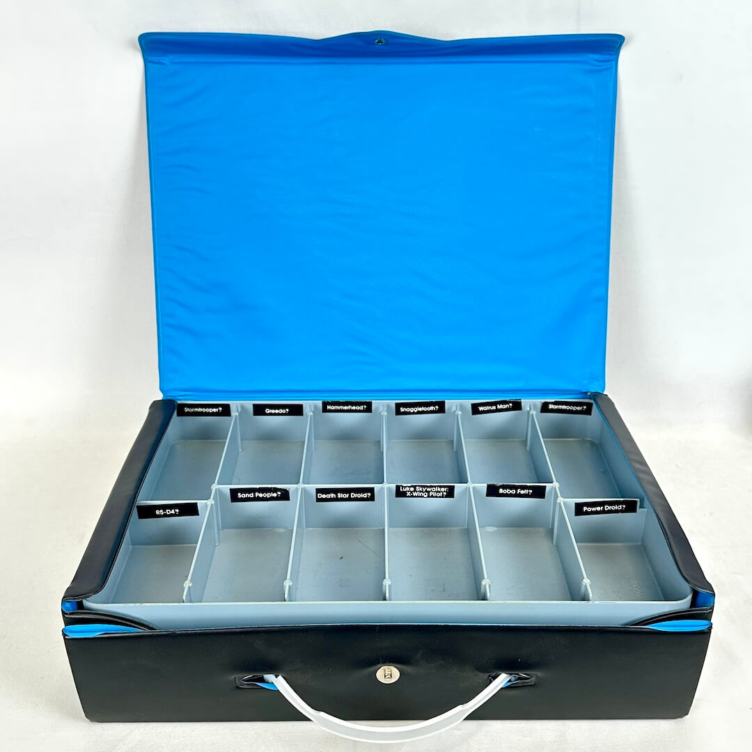 Black and blue storage box with compartments on a white background