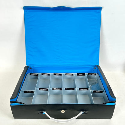 Black storage box with blue lid and compartment labels on a white background