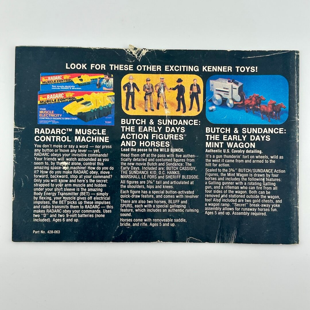 Back of a toy packaging with text and images of Kenner toys on a white background