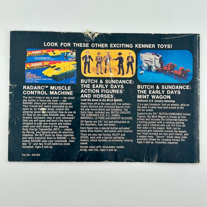 Back of a toy packaging with text and images of Kenner toys on a white background