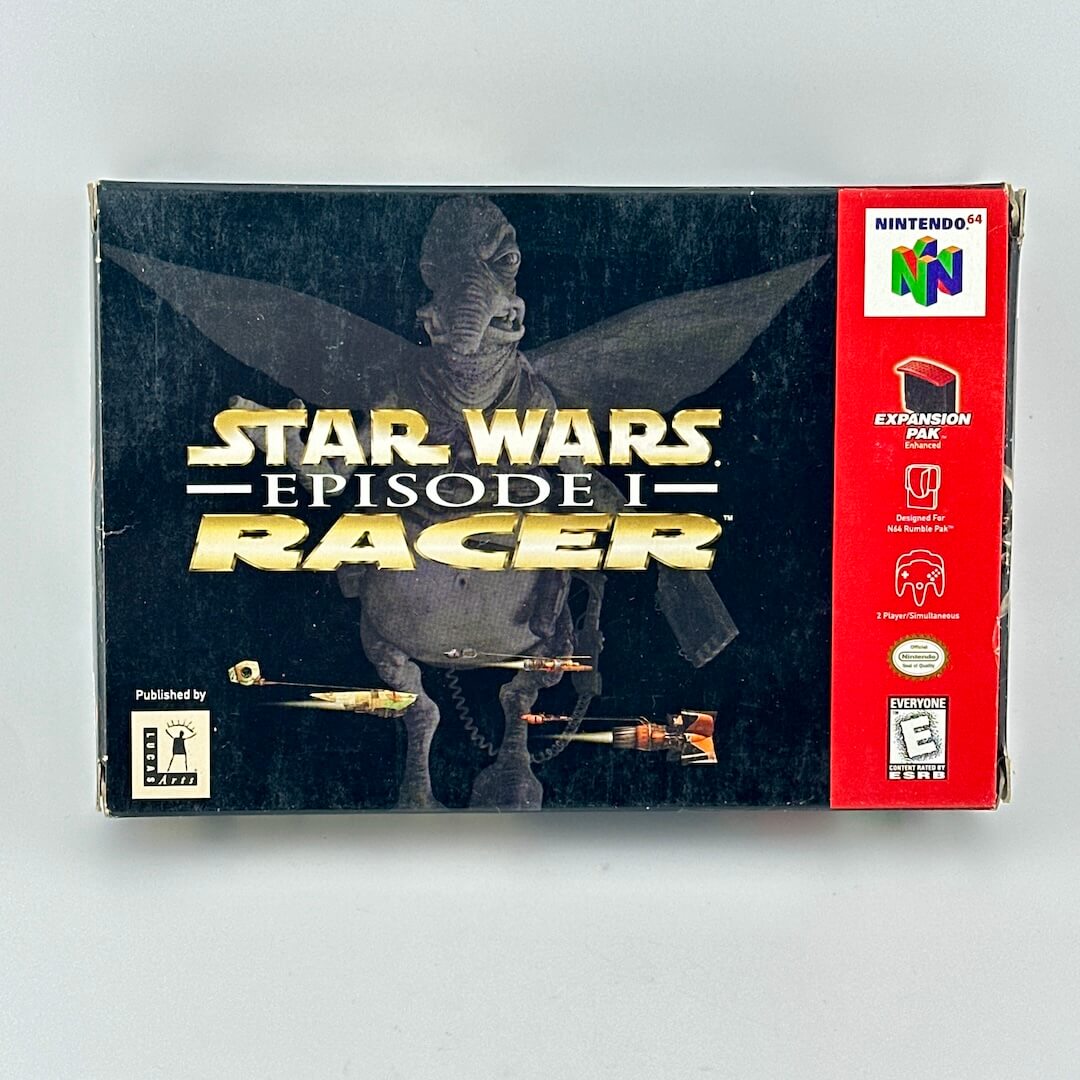 Box of 'Star Wars Episode I Racer' for Nintendo N64 on a light gray background