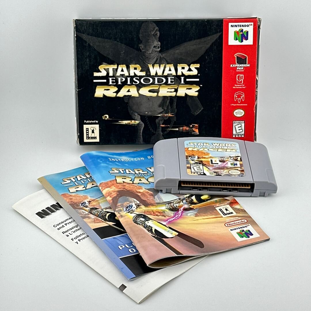 Star Wars Episode I Racer game for Nintendo 64 with packaging on a light gray background