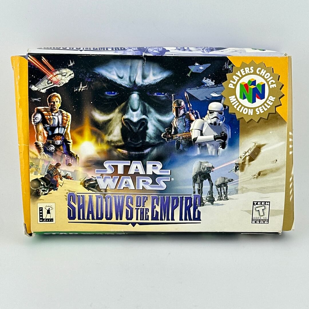 Star Wars: Shadows of the Empire game box for Nintendo 64 on a gray background