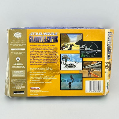 Back of a 'Star Wars: Shadows of the Empire' video game box with text and images on a gray background