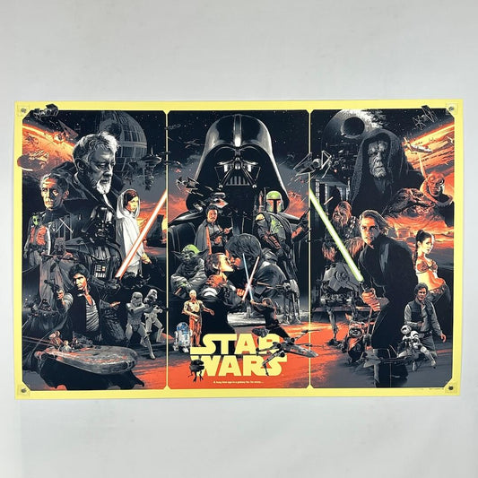Detailed poster with three panels with characters from Star Wars and logo. 