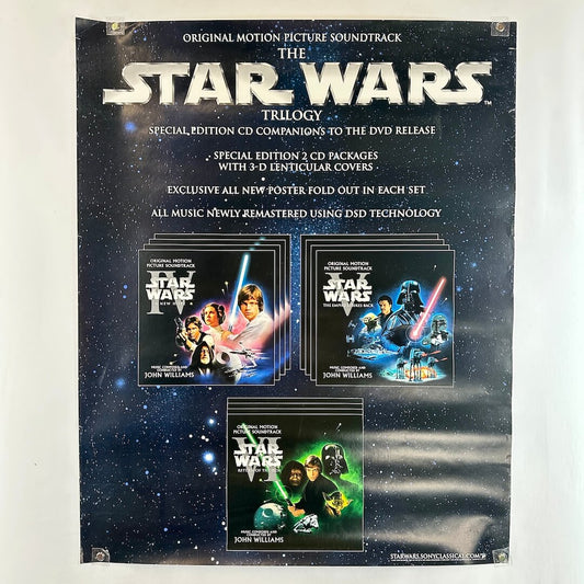 Promotional poster for 'The Star Wars' Trilogy original motion picture soundtrack with movie covers.