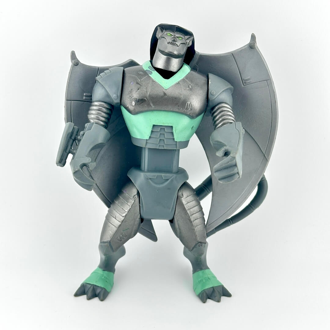 Gray humanoid robot gargoyle figure on white background. 