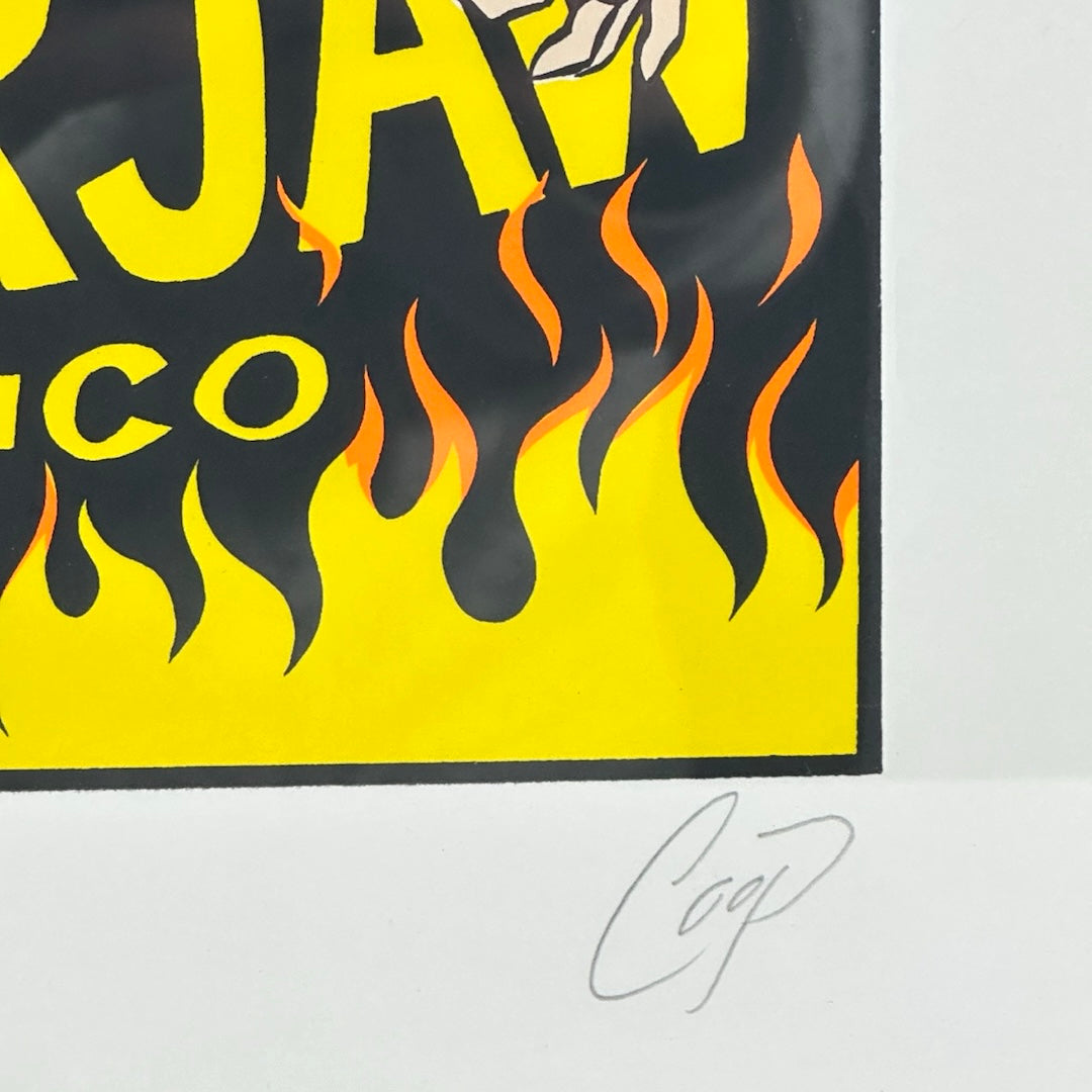 Close up of bottom right corner with pencil "COOP" signature, flames under cauldron also visible.