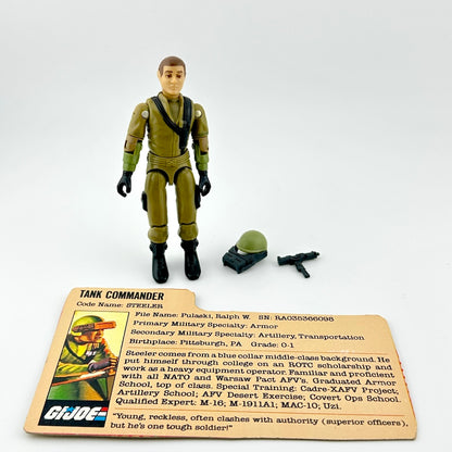GI Joe action figure with accessories and character card on white background. 