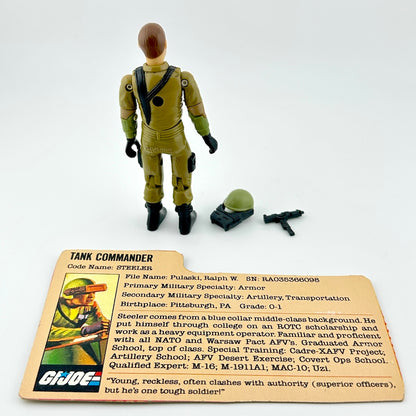 GI Joe action figure with accessories and character card on white background. 