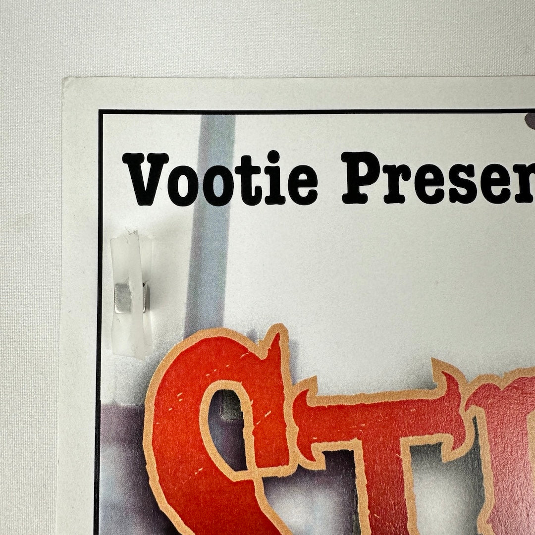 Top left corner showing some slight rounding of corner but sharp edges. "Vootie Presents" visible above "Steve."