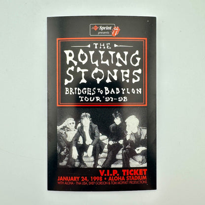 Rectangular ticket with Rolling Stones branding and image in black and white with even details in red text. 