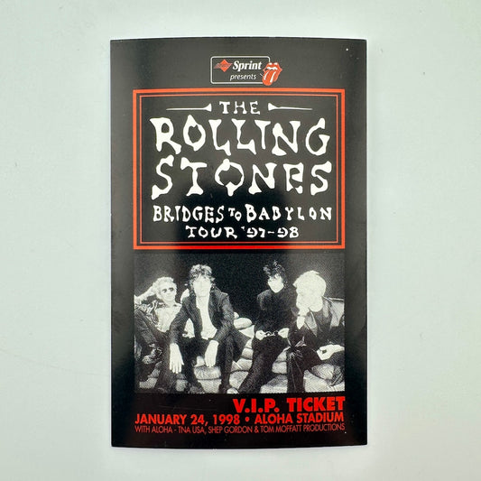 Rectangular ticket with Rolling Stones branding and image in black and white with even details in red text. 