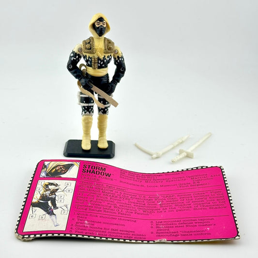 Action figure of Storm Shadow with a pink card on a white background