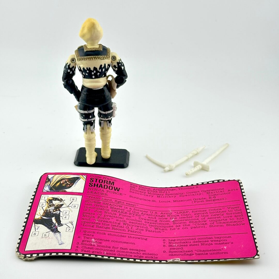 Toy figure of a character with a pink card on a white background