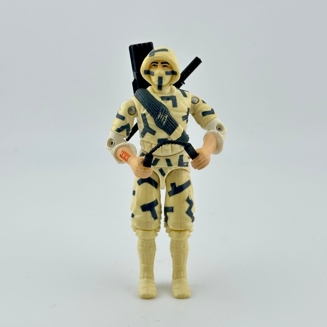 White male action figure in white camo with black details holding nunchucks, with red tattoo on arm.