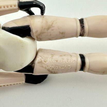 Close-up of back of action figure's legs to show copyright and manufacturer information. 