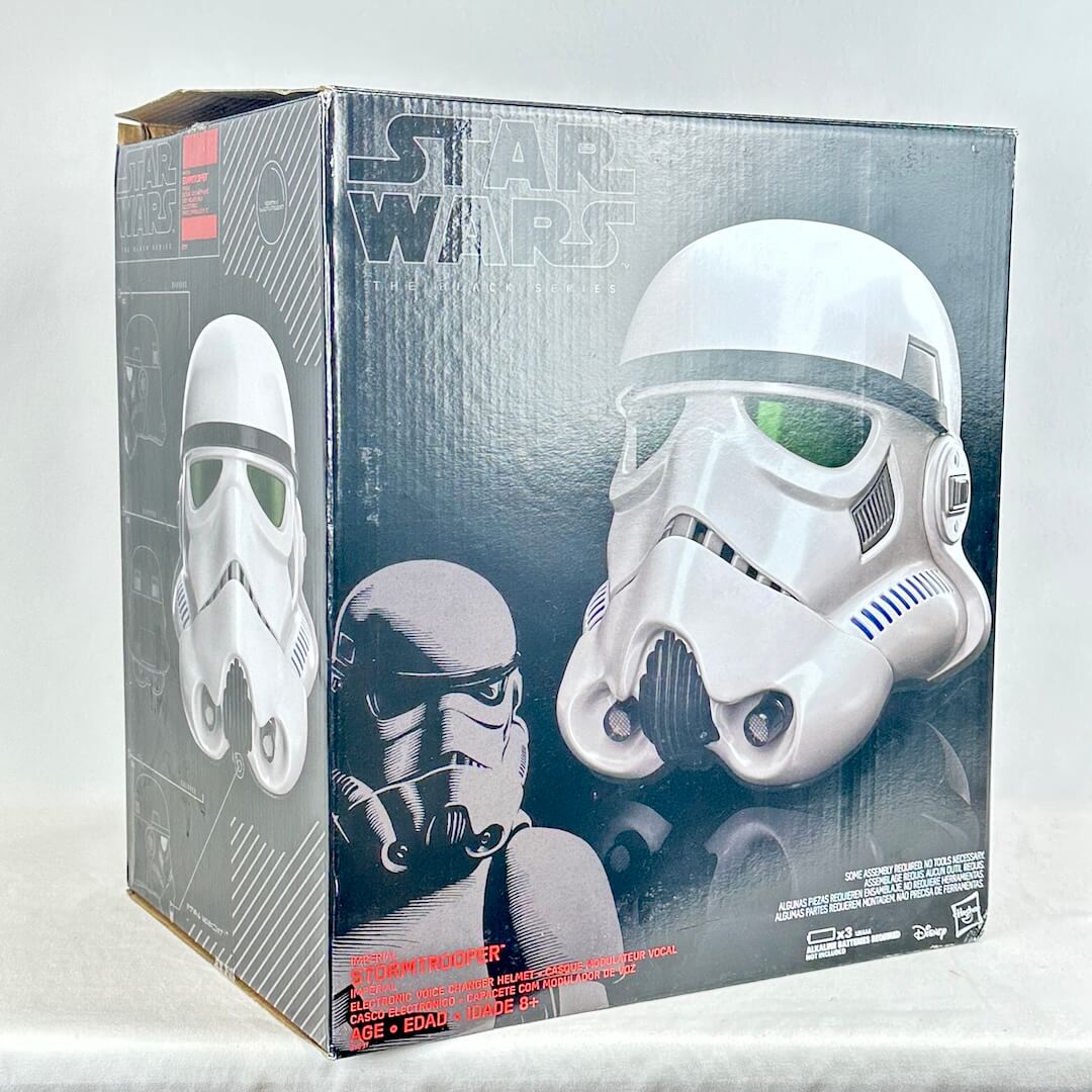 Star Wars Stormtrooper helmet box, featuring a large white Stormtrooper helmet image and product specs.