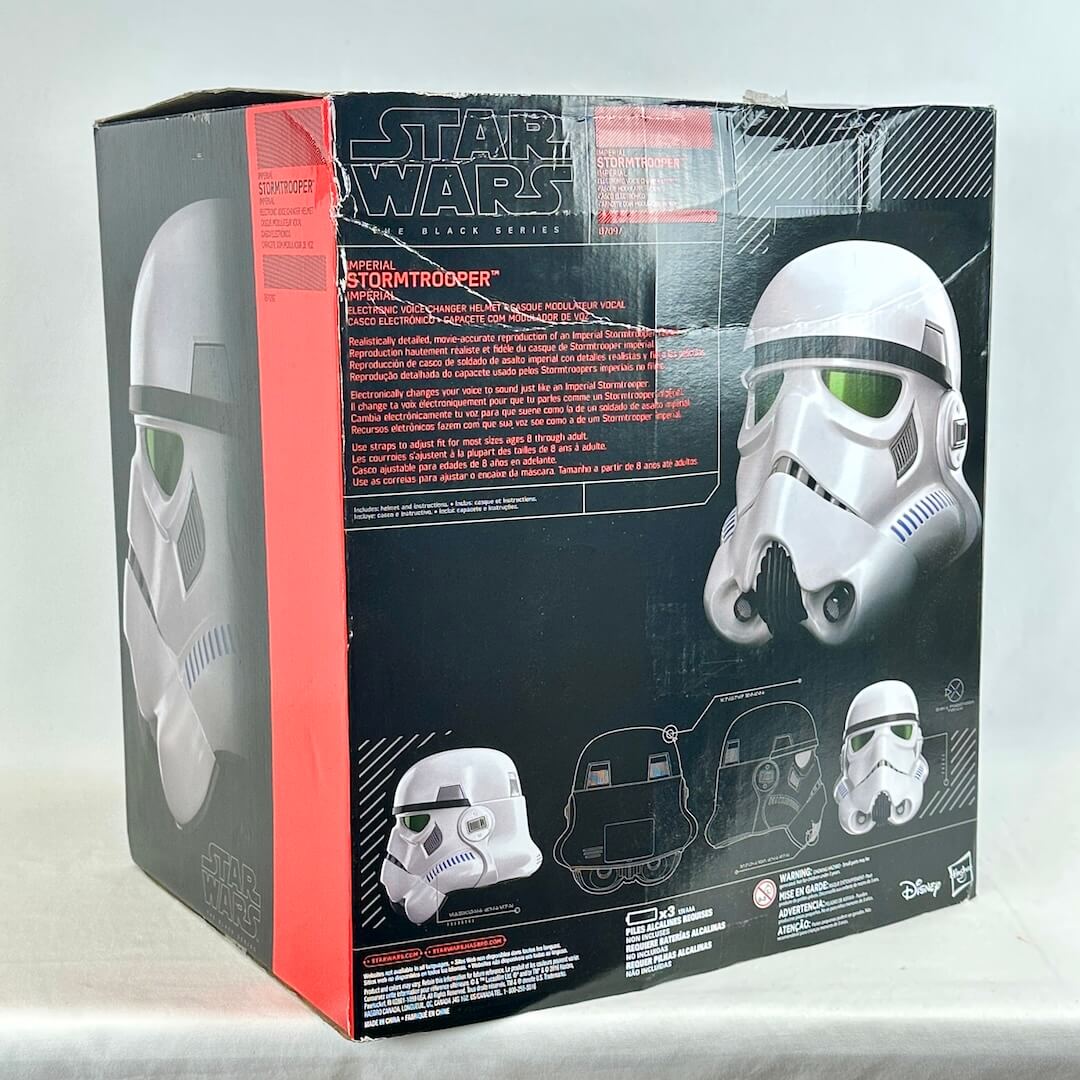 Stormtrooper collectible helmet retail box, showing the back panel with product name, descriptions, and helmet views.
