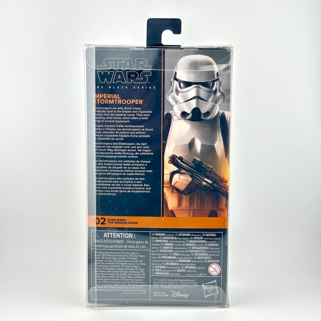 Star Wars Imperial Stormtrooper action figure in its original retail packaging, showing the back of the box.