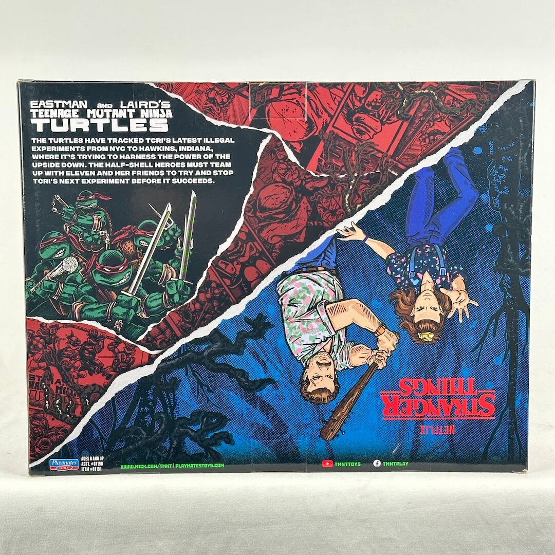 TMNT x Stranger Things packaging for action figure two-pack, viewed from the back to show character art. 