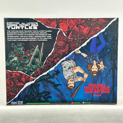 TMNT x Stranger Things packaging for action figure two-pack, viewed from the back to show character art. 