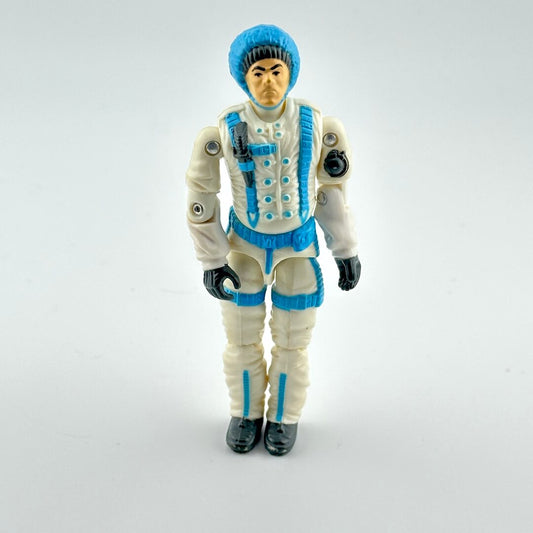 Action figure in a white and blue outfit on a gray background