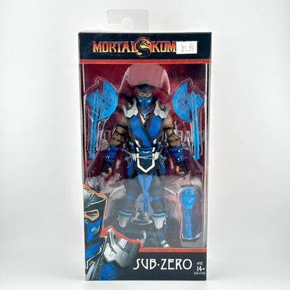 Mortal Kom Sub-Zero action figure in its original retail packaging, featuring blue and silver armor, blue weapons.