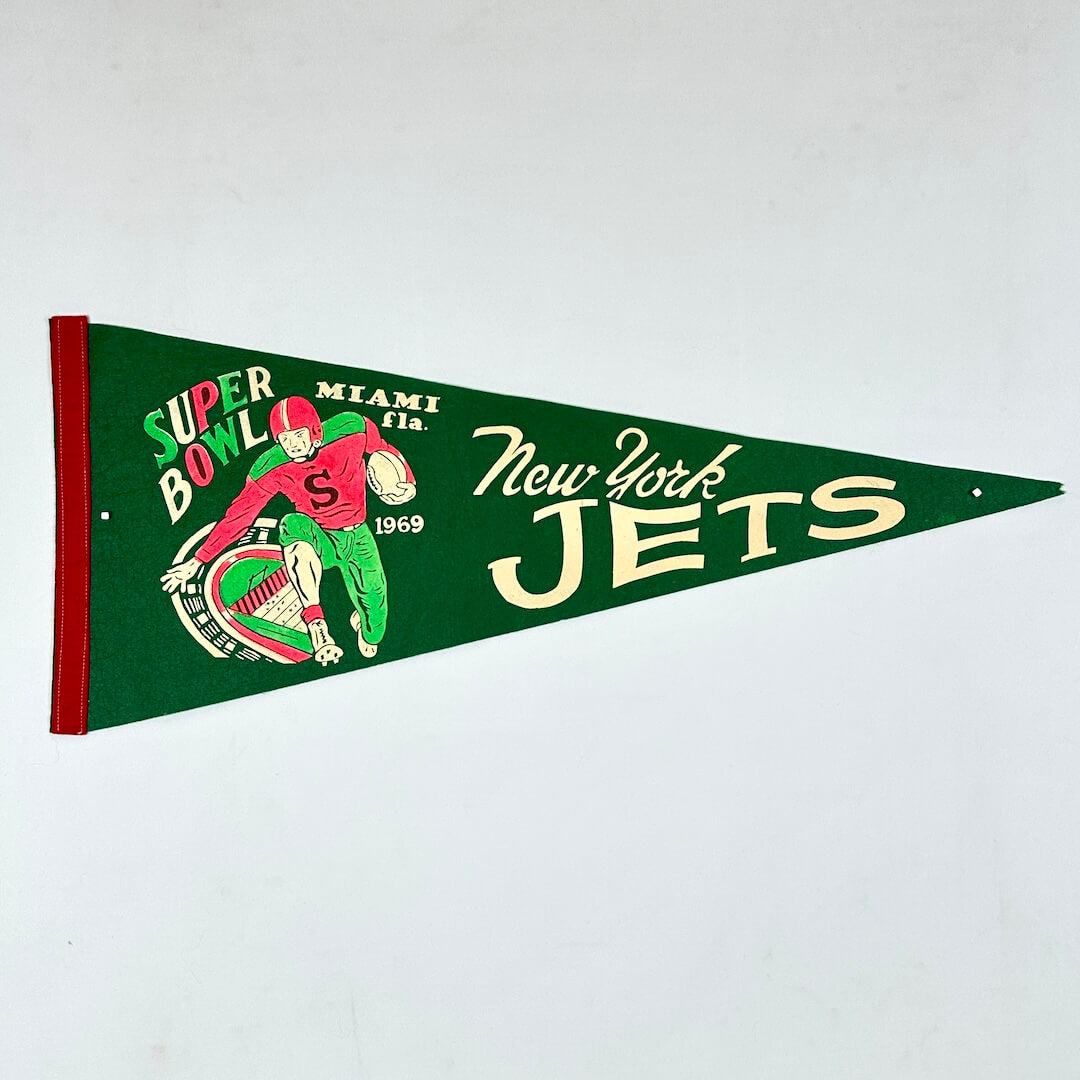 Vintage-style New York Jets Super Bowl pennant on a white background