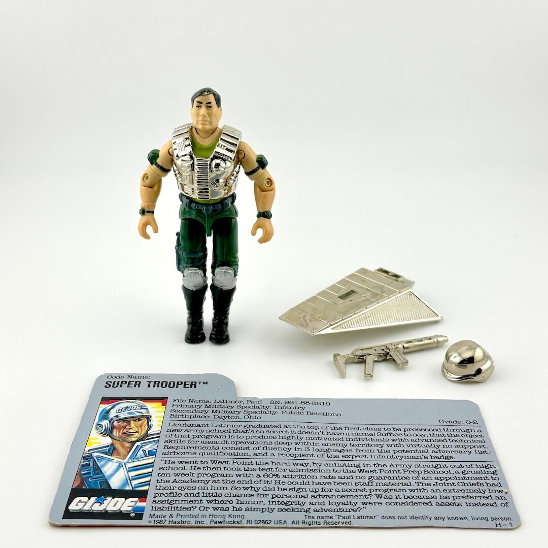G.I. Joe action figure with accessories and card on a white background
