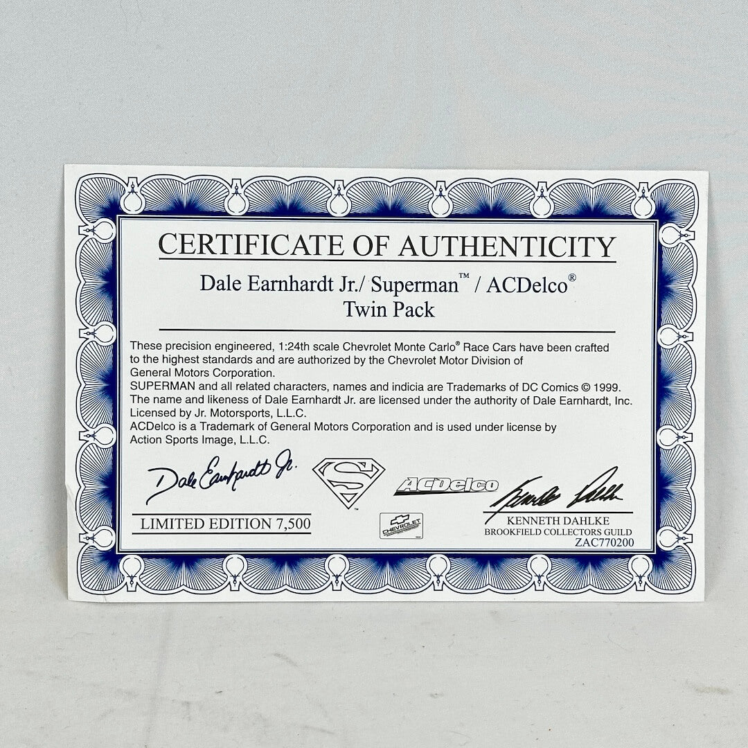 Certificate of Authenticity for Dale Earnhardt Jr. Superman/ACDelco Twin Pack on a gray background