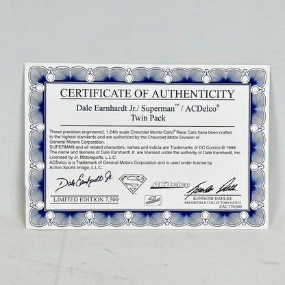 Certificate of Authenticity for Dale Earnhardt Jr. Superman/ACDelco Twin Pack on a gray background
