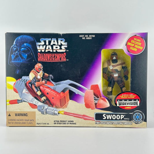 Star Wars Shadows of the Empire toy packaging with a swoop vehicle and figure.