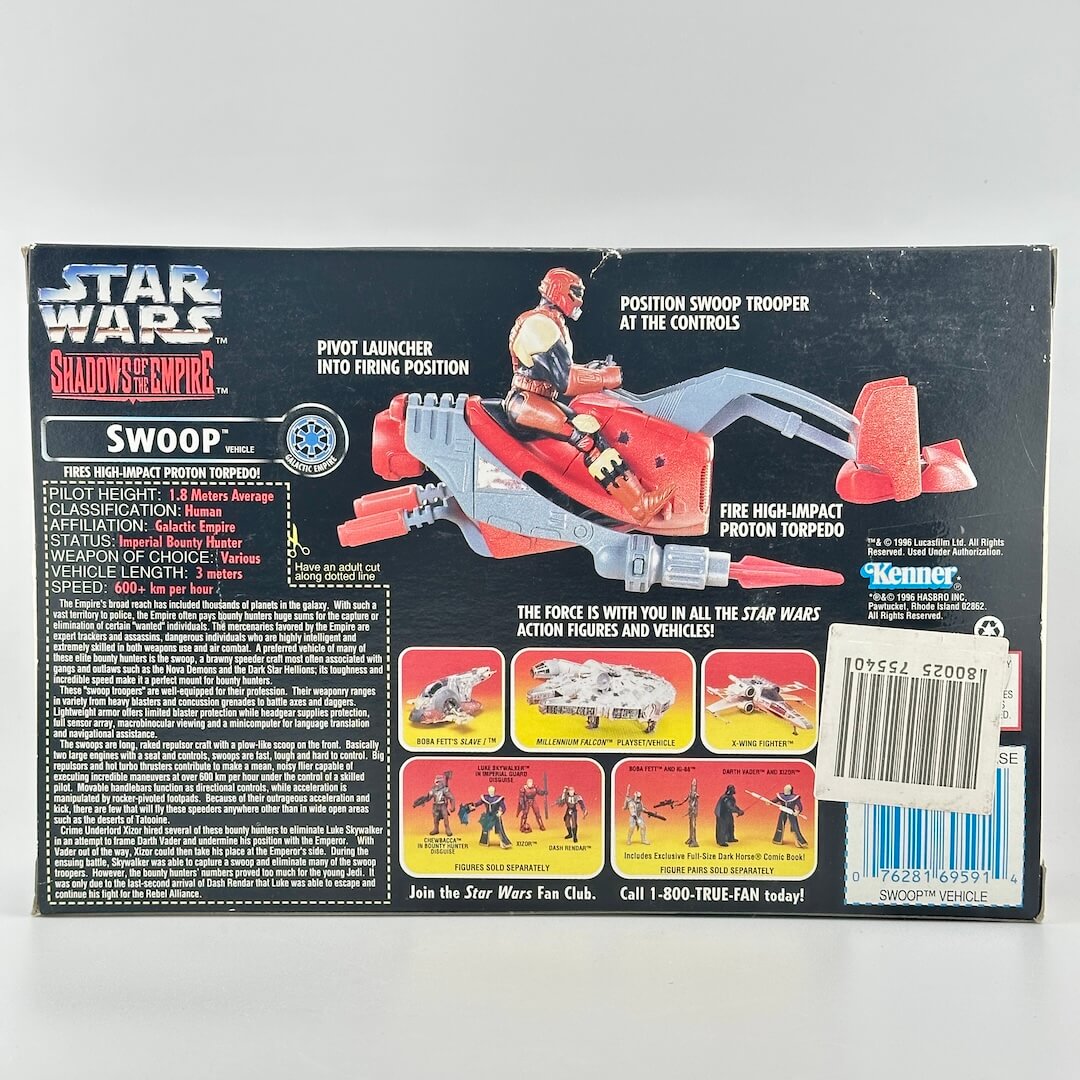 Back of a Star Wars Shadows of the Empire Swoop toy packaging with text and graphics.
