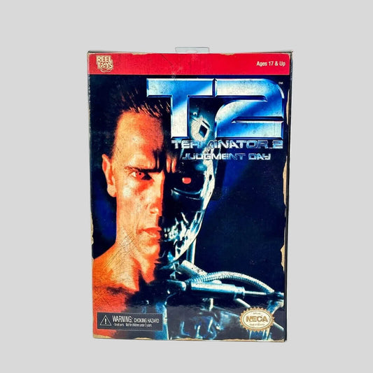 Vintage 'Terminator 2: Judgment Day' toy box with movie poster design on a white background