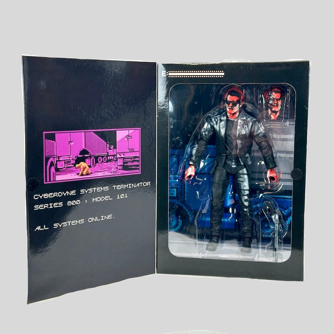 Action figure in a display case with a futuristic design on a white background