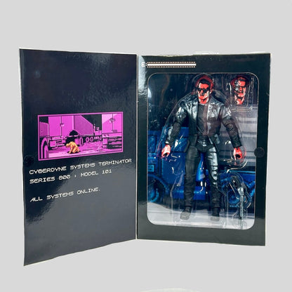 Action figure in a display case with a futuristic design on a white background