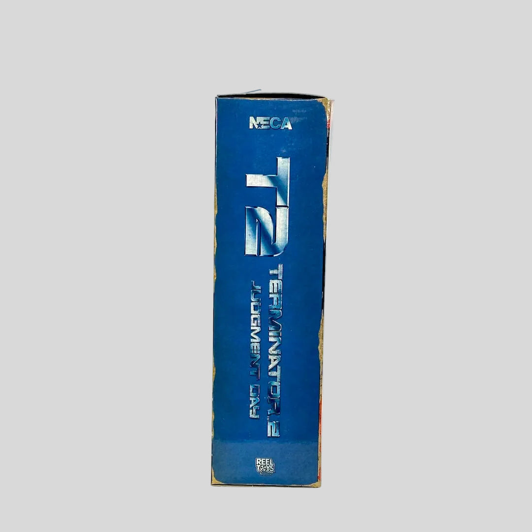Blue box with 'NECA' and 'Terminator 2' branding on a white background