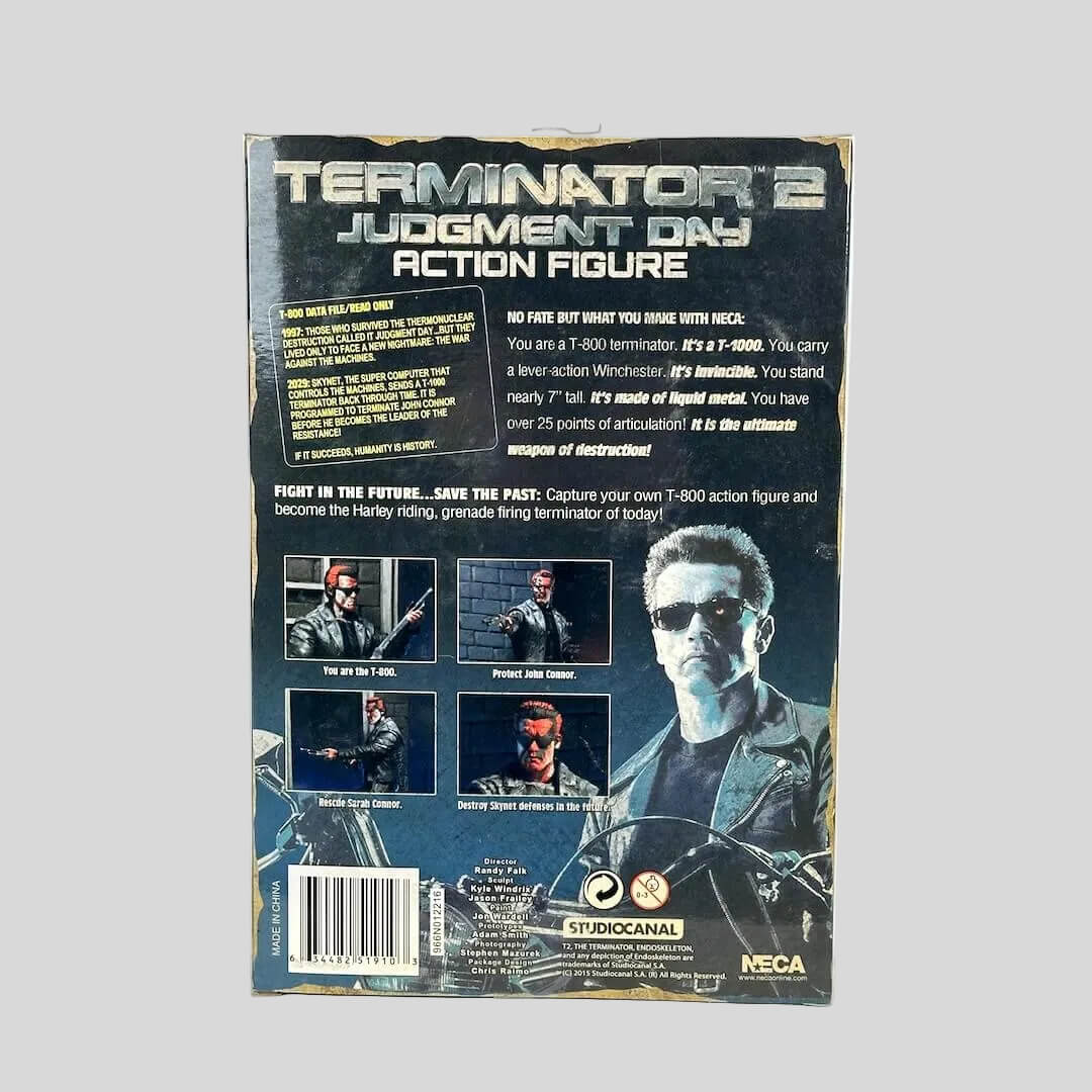 Back of a Terminator 2 action figure packaging with character images and text.