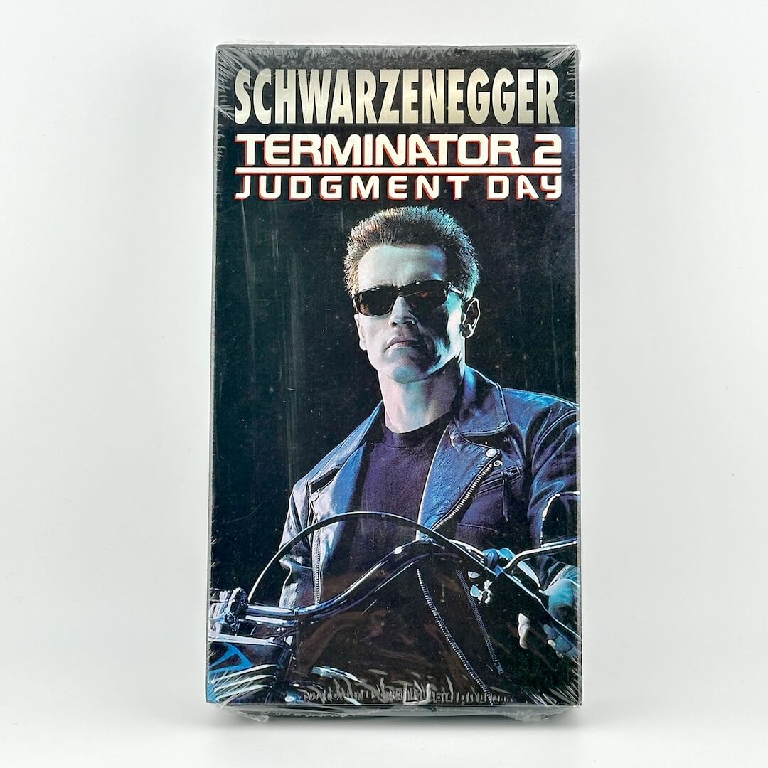 VHS tape cover of 'Terminator 2: Judgment Day' featuring Arnold Schwarzenegger.