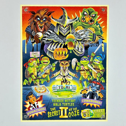 A colorful retro-style poster featuring Teenage Mutant Ninja Turtles characters and artwork.