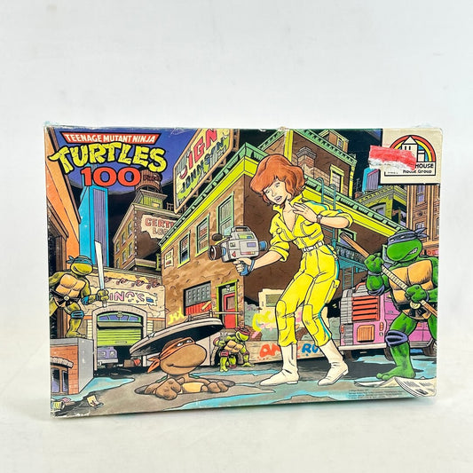 Vintage Teenage Mutant Ninja Turtles toy set packaging with cartoon characters and cityscape background.