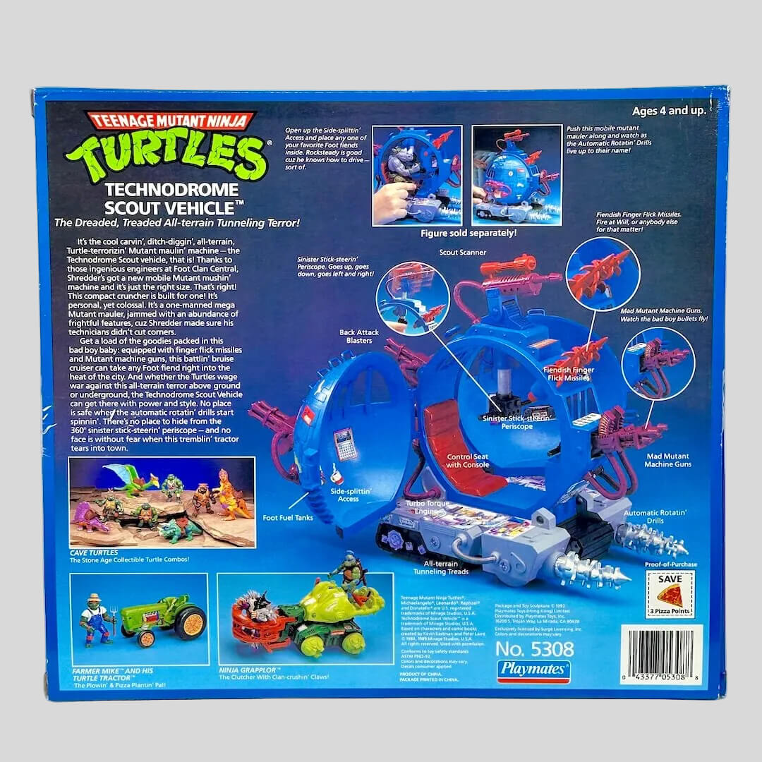 Back view of Teenage Mutant Ninja Turtles Technodrome Scout Vehicle packaging with illustrations and text.