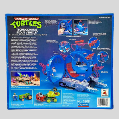 Back view of Teenage Mutant Ninja Turtles Technodrome Scout Vehicle packaging with illustrations and text.
