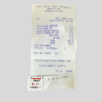 Vintage receipt from Kay-Bee Toy Stores on a white background
