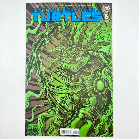 Comic book cover of Teenage Mutant Ninja Turtles with a green dragon design on a white background
