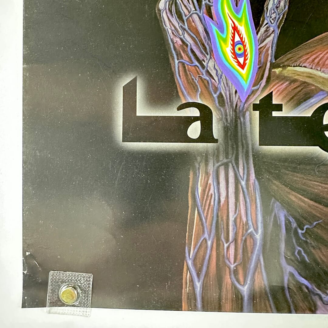 Bottom left corner of poster with pin holes and some creases.