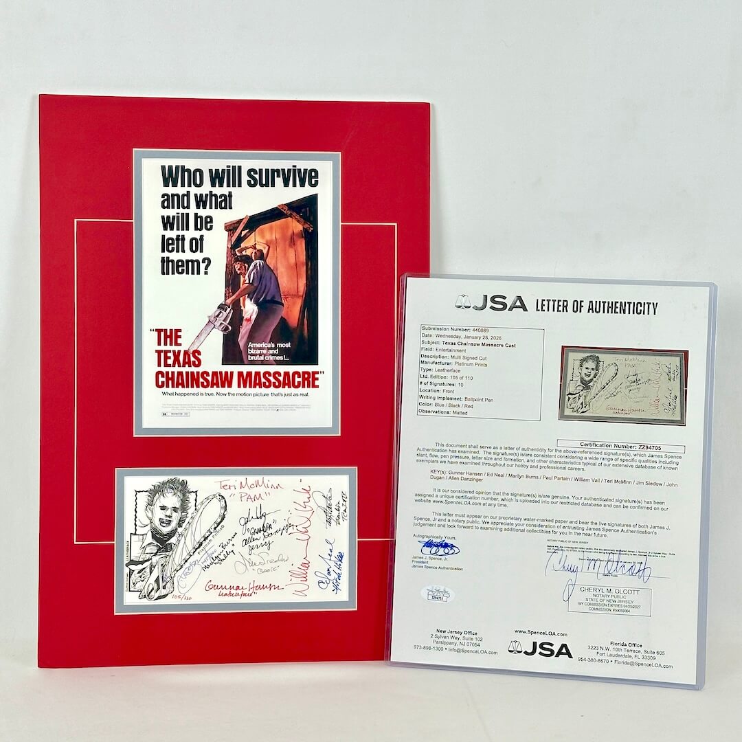 Framed movie poster and autograph with JSA letter of authenticity on a white background