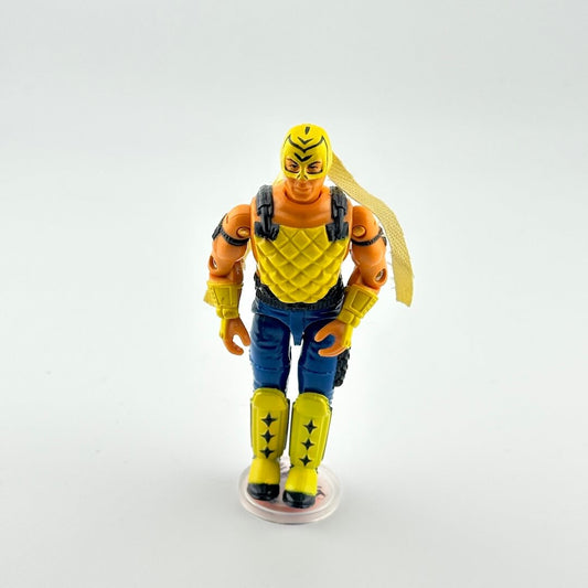 Action figure with yellow and blue outfit on a white background